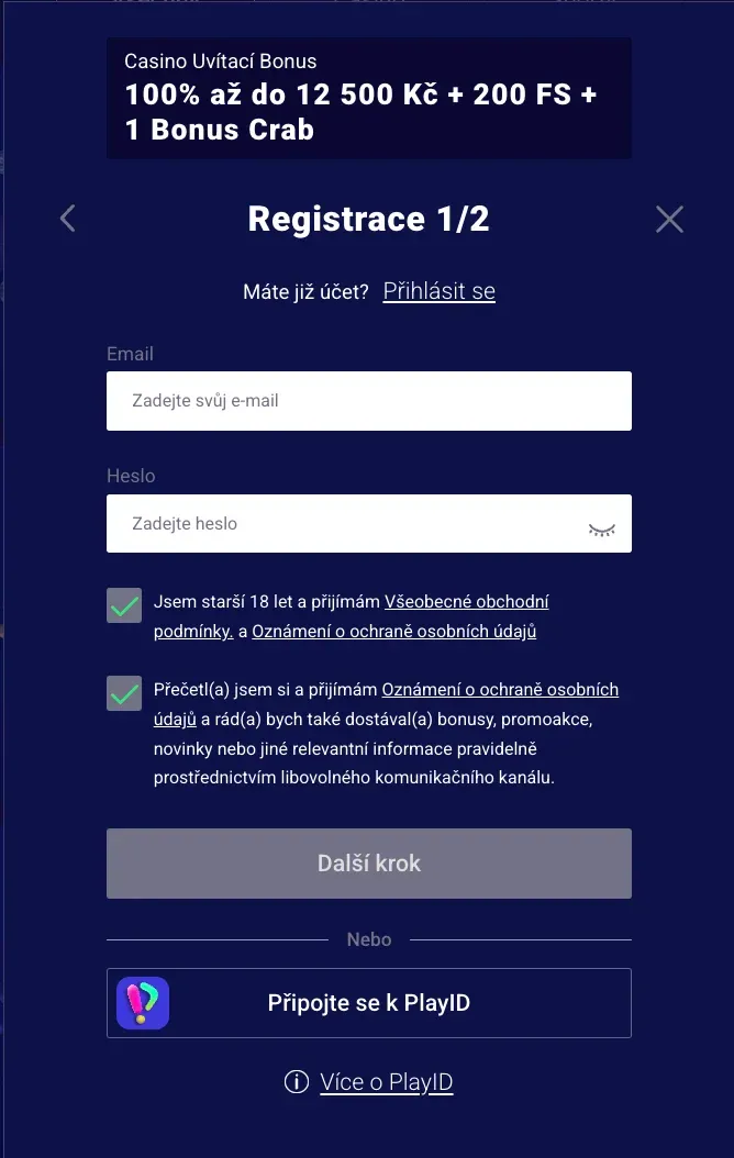 Registrační formulář v Frumzi casino
